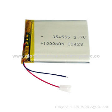 3.7V 1,000mAh lithium polymer battery, sized 3.5x45x55mm, CE marks